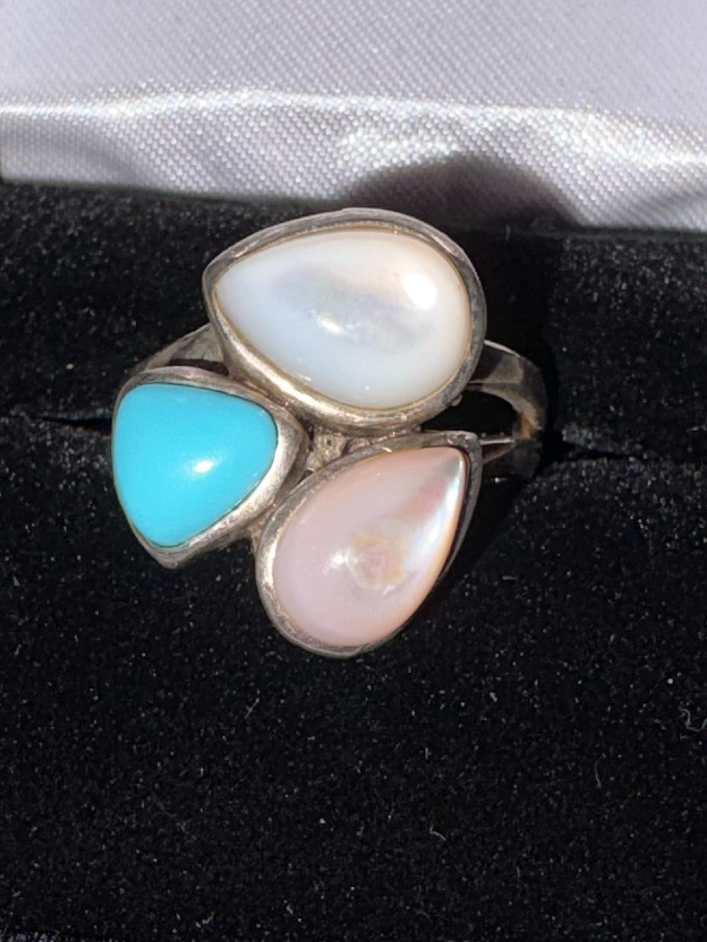 Pure 925 Sterling Silver Turquoise and White Opal Three-Stone Ring - Picture 6 of 8